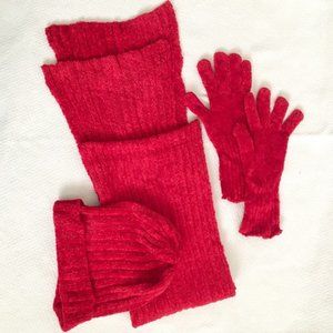 red winter bundle: beanie, scarf, gloves